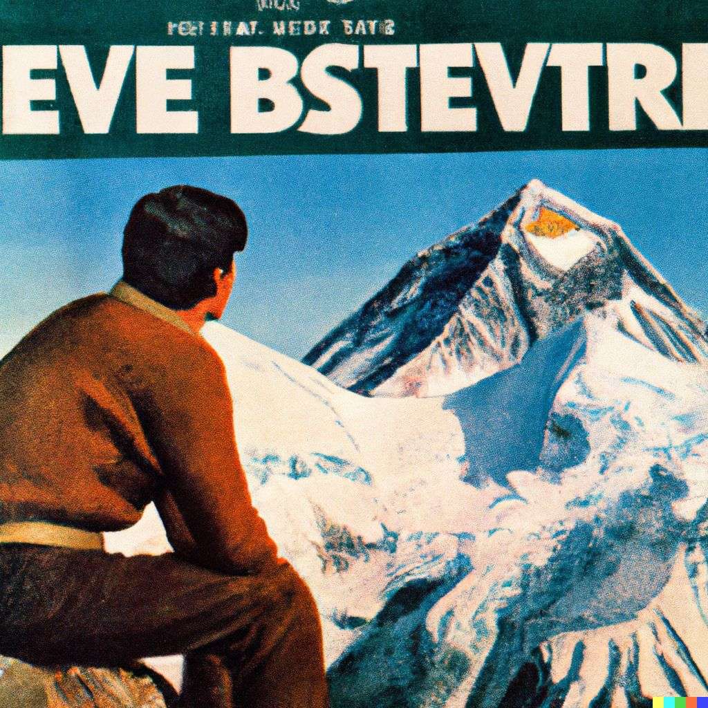 someone gazing at Mount Everest, advertisement from the '70s